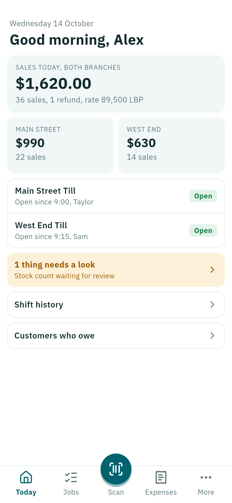 Weave Companion on a phone: today's sales across two branches and which tills are open.