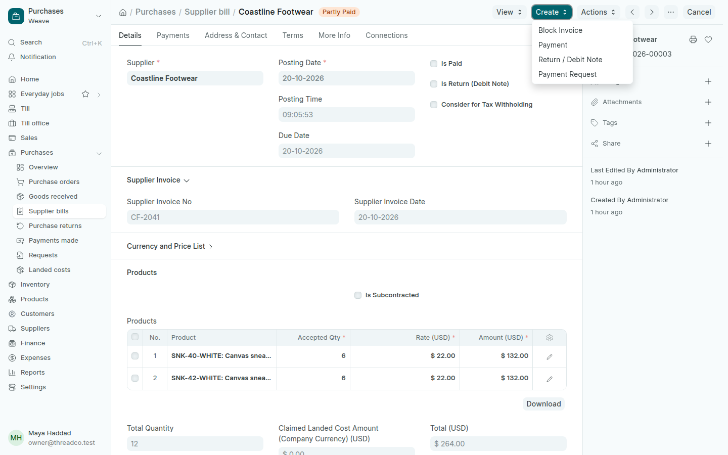 A partly paid supplier bill