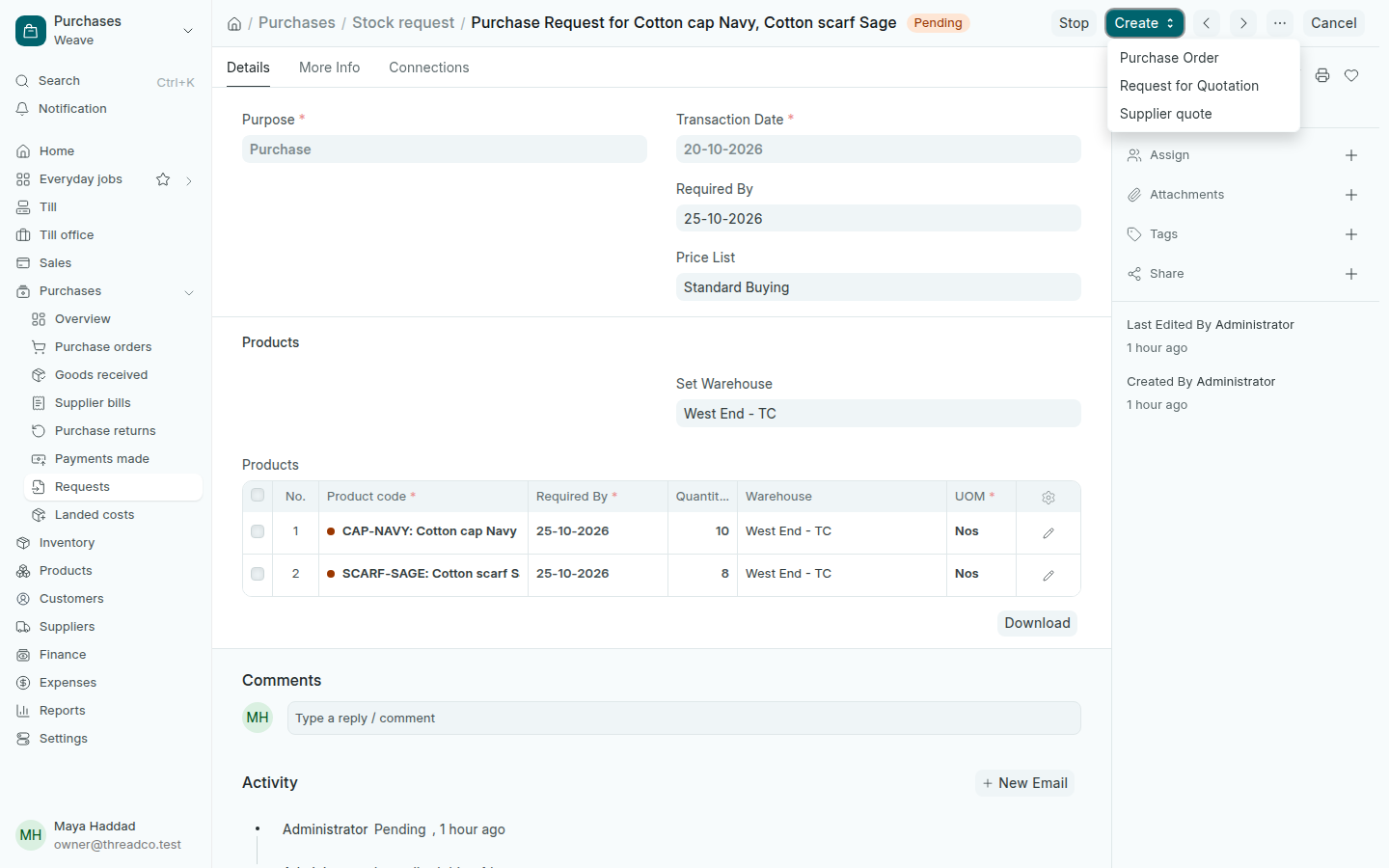 A purchase stock request