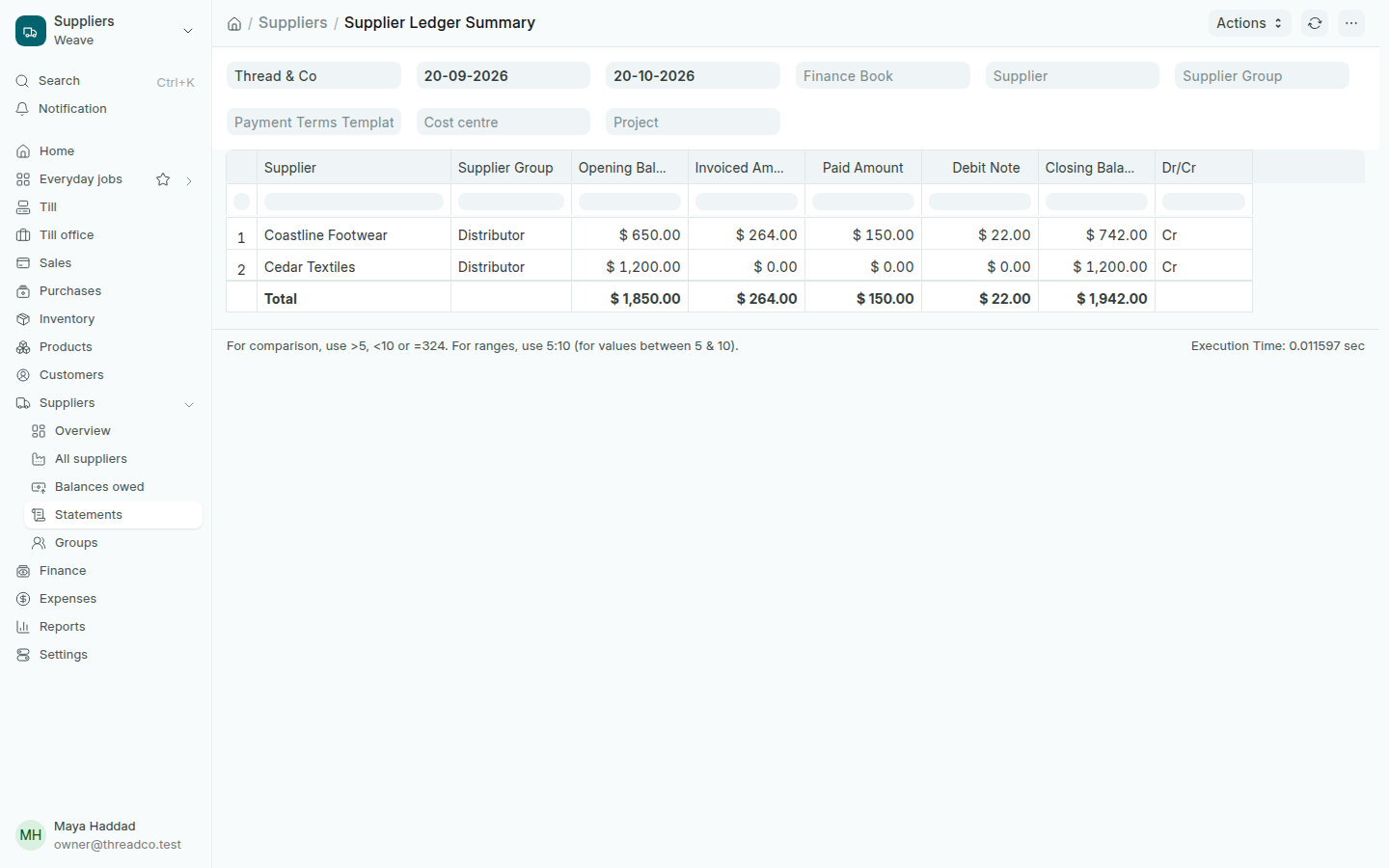The Supplier Ledger Summary