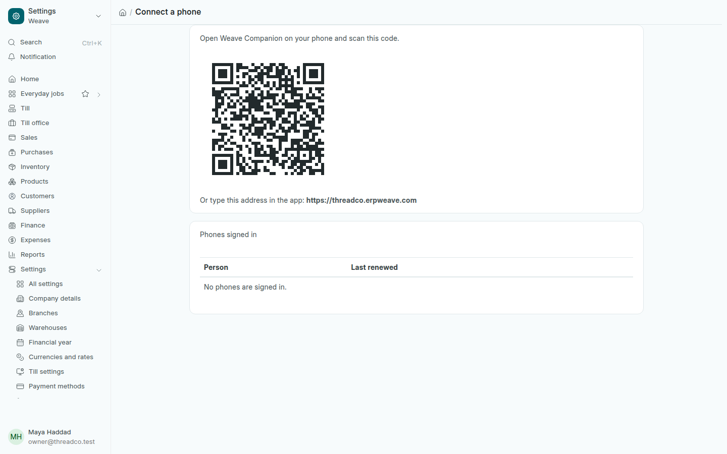 The Connect a phone page with the code and the shop address