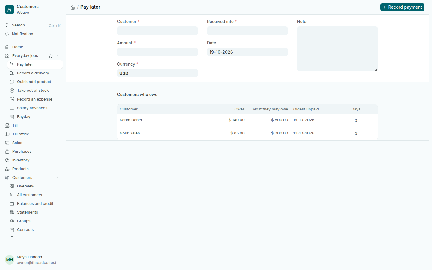 The Pay later page with customers who owe