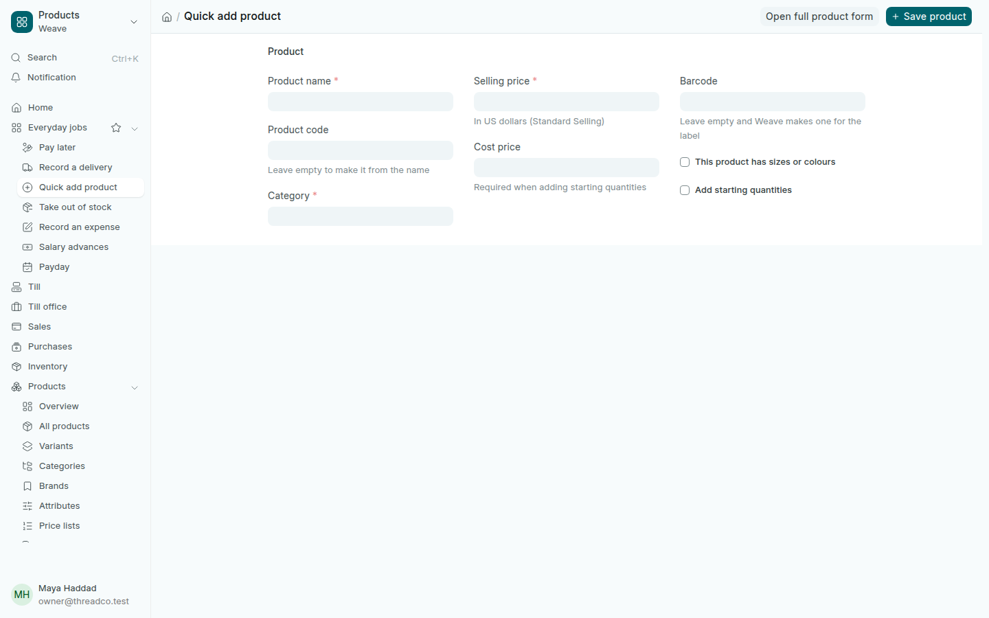The Quick add product page