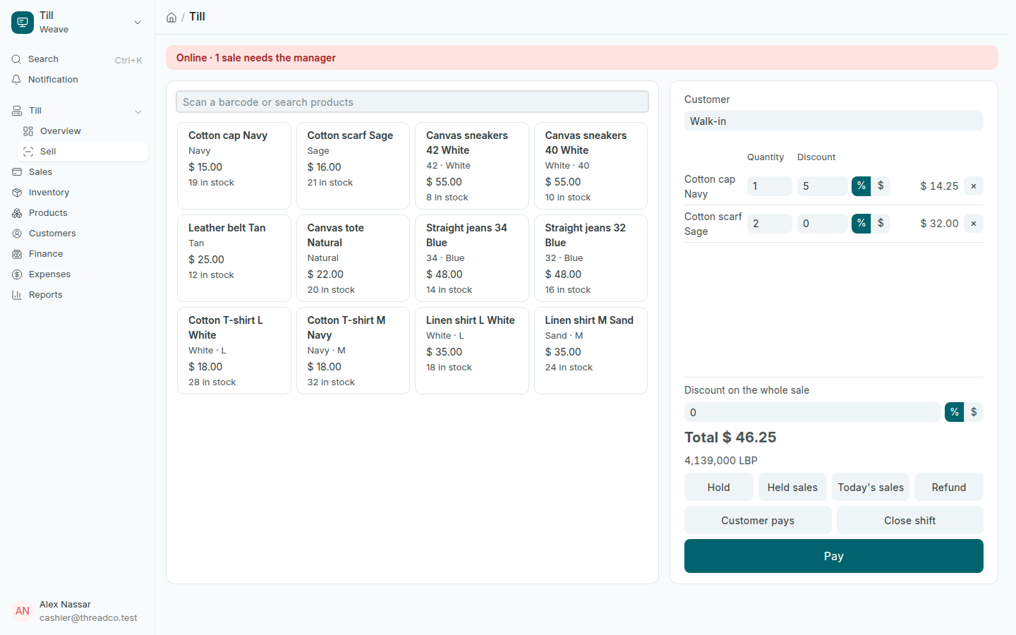 The sale screen with two products and a line discount