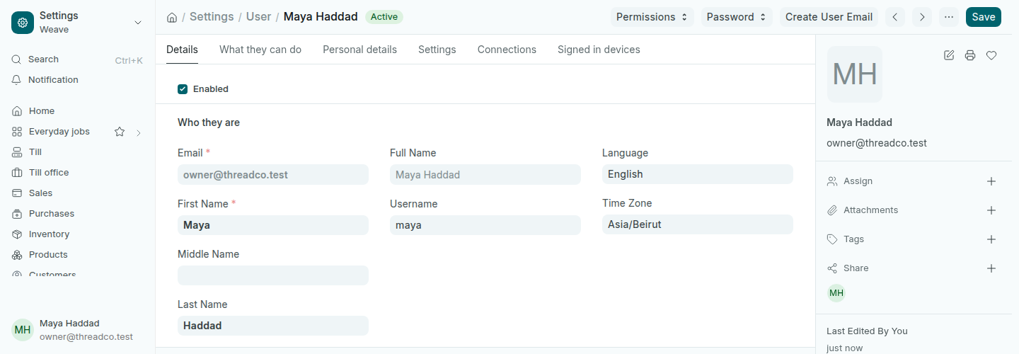 A user's account with the Language field