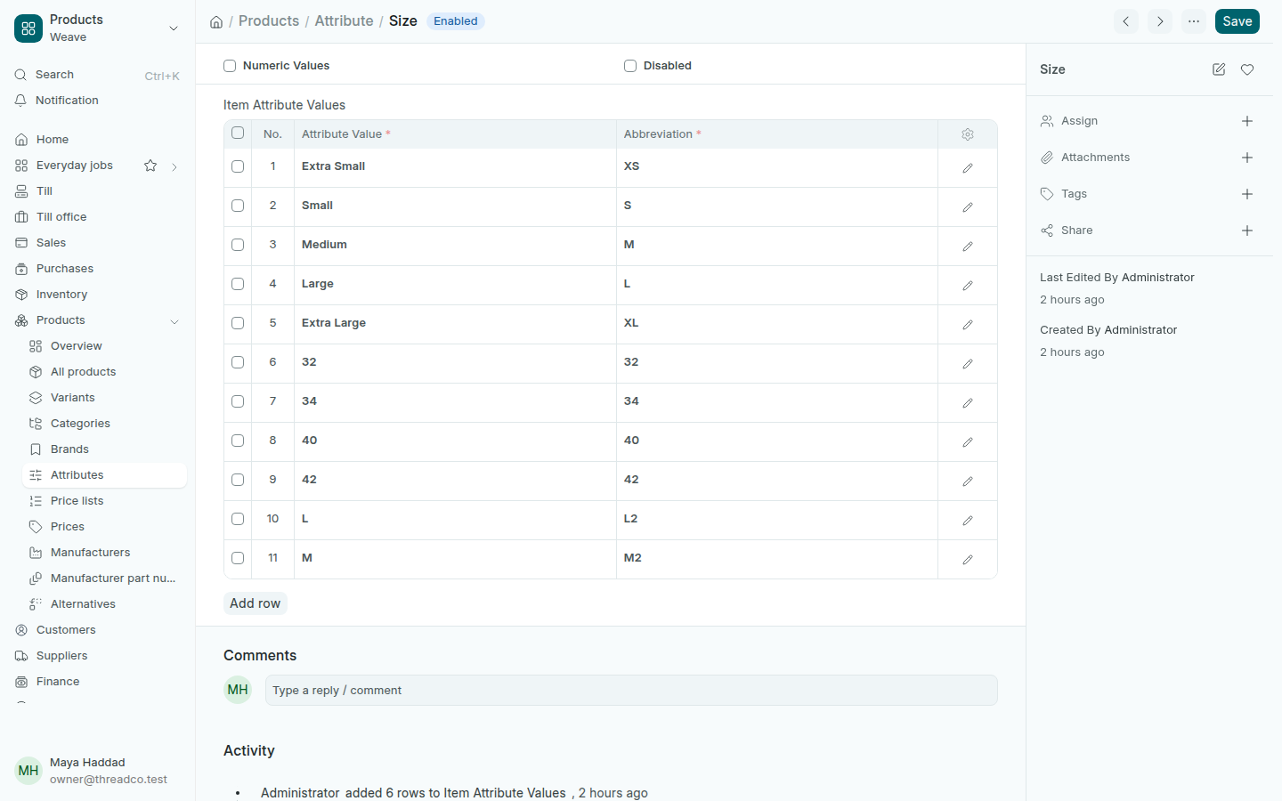 The values of the Size attribute
