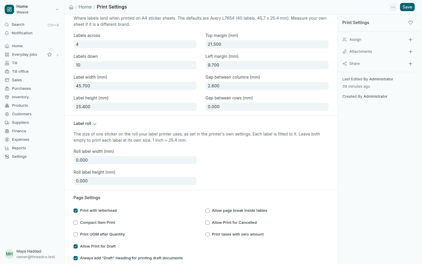 Settings for the label sheet and the label roll