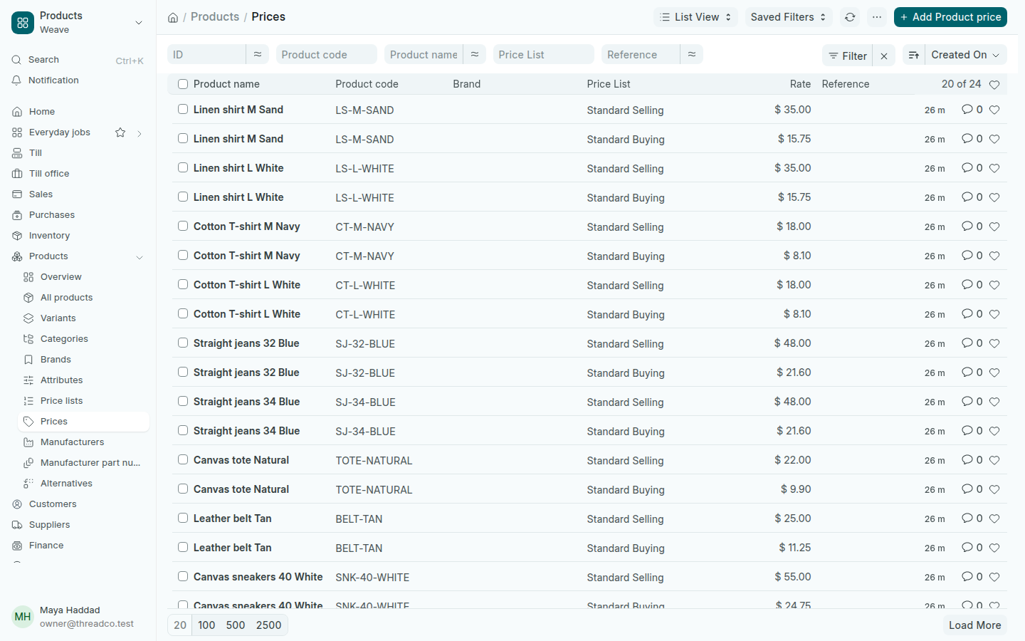 The list of prices for each product
