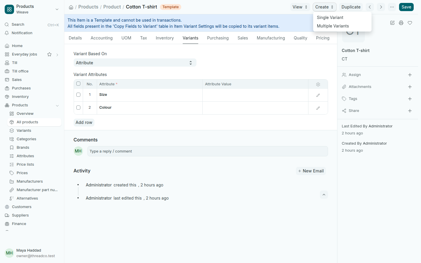 The Variants tab of a product template, with the Create menu open
