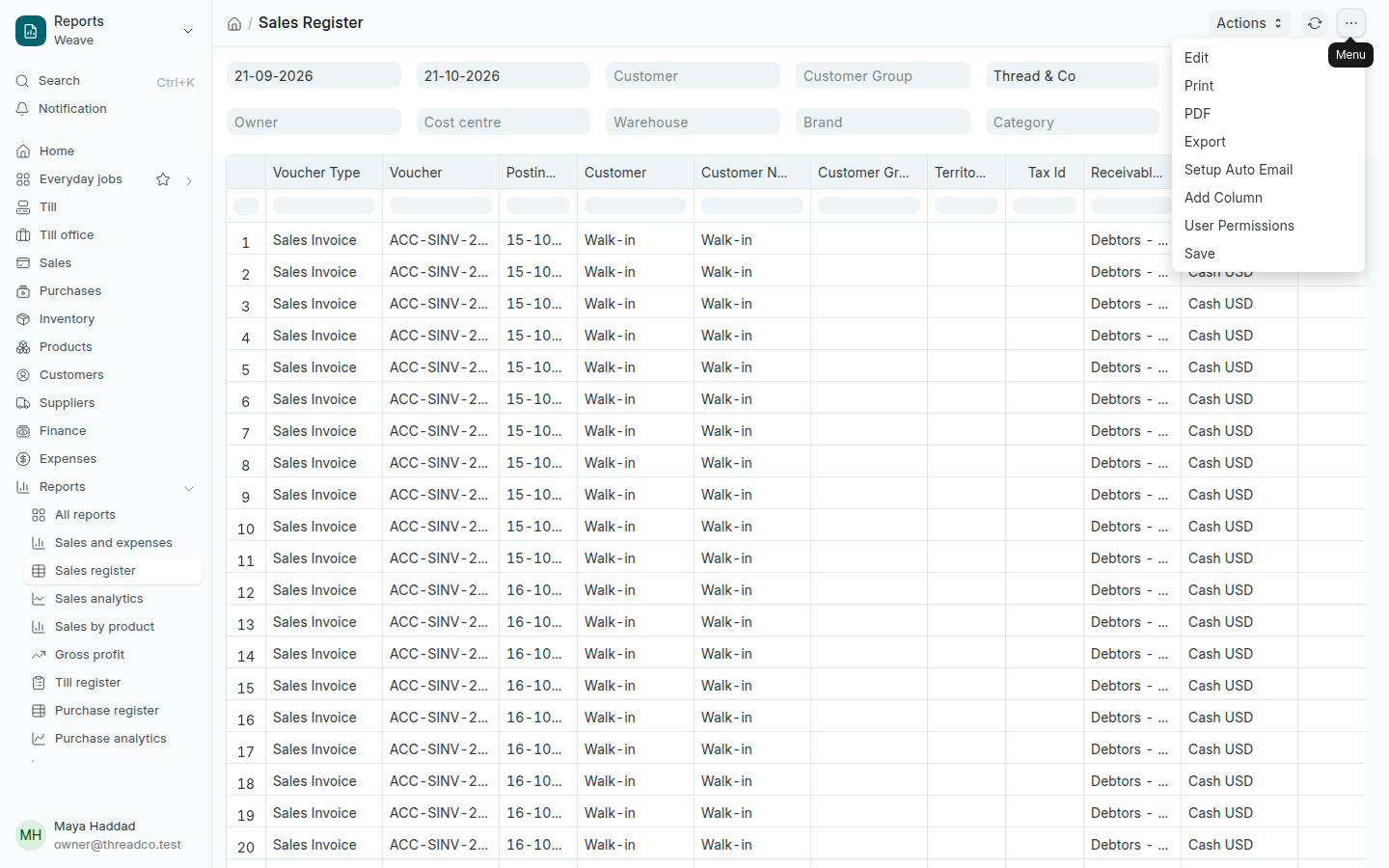 The report menu
