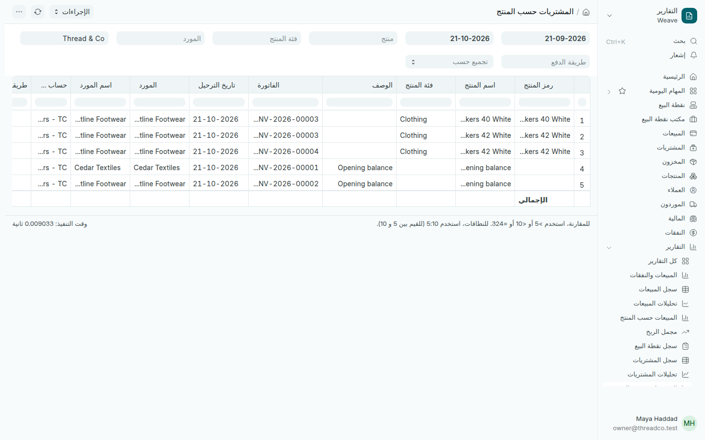 تقرير المشتريات حسب المنتج