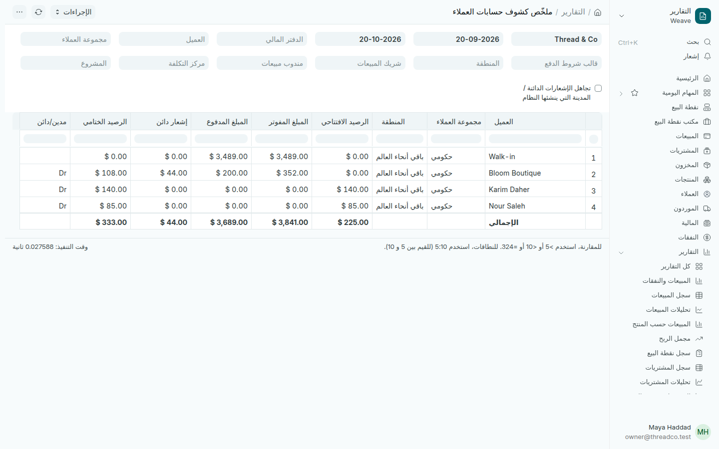 ملخص كشوف حسابات العملاء