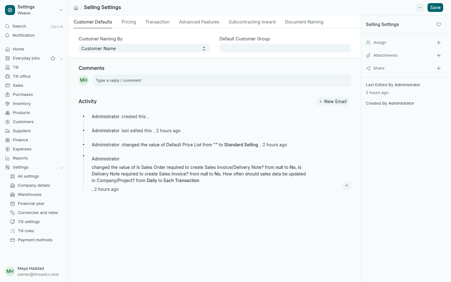 Selling Settings