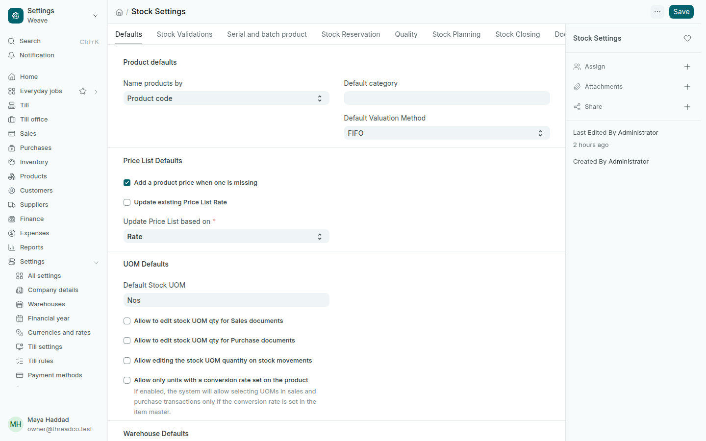 Stock Settings