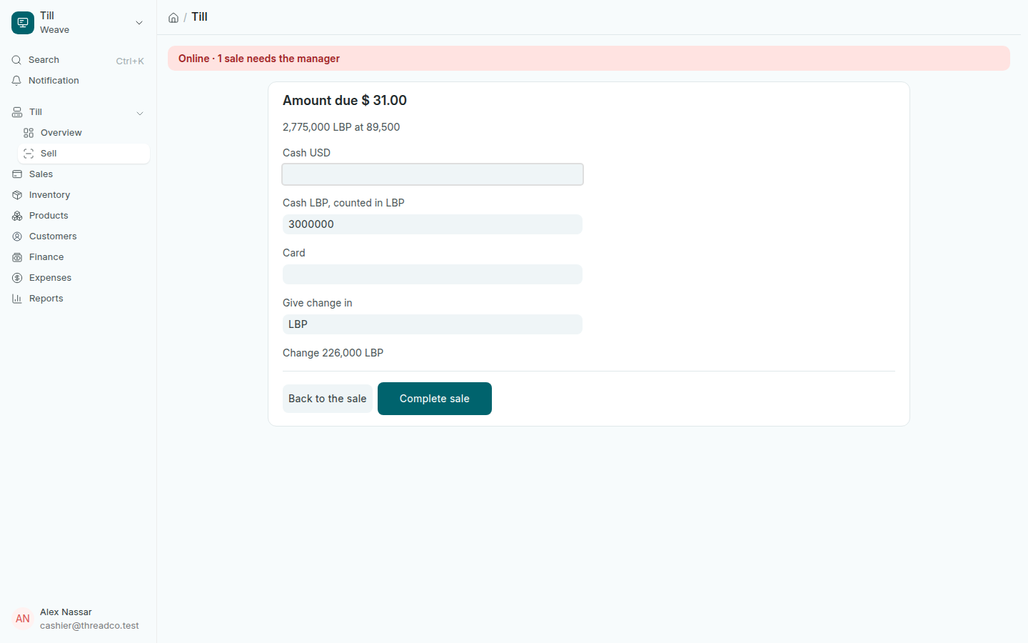 The payment screen: paid in pounds, change in pounds