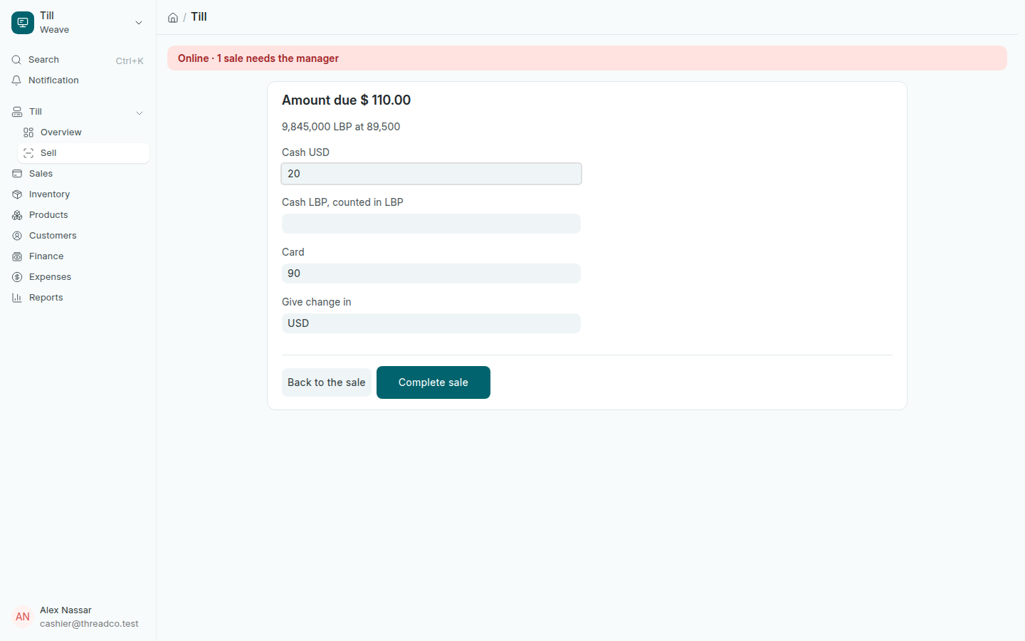 The payment screen: part in dollar cash, the rest by card