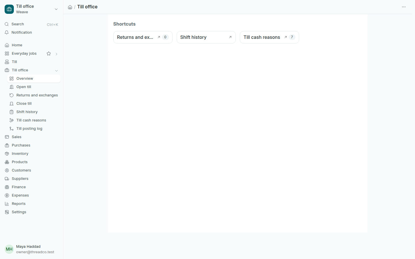 The Till office page with its side menu