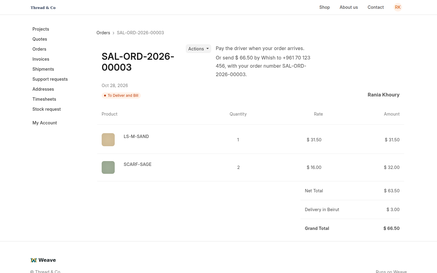 A customer's order page on the website